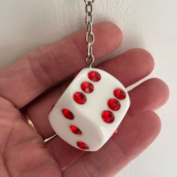 Vintage Lucky White Dice Keychain With Red Rhinestones - Picture 4 of 7